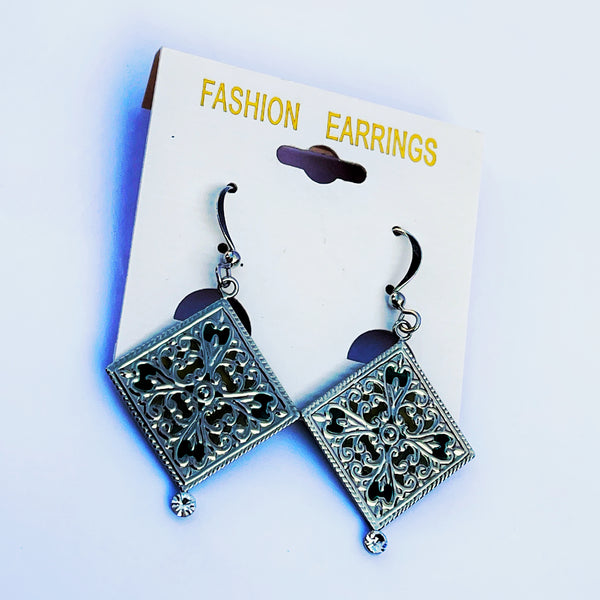 Vintage Floral Filigree Square Drop Earrings