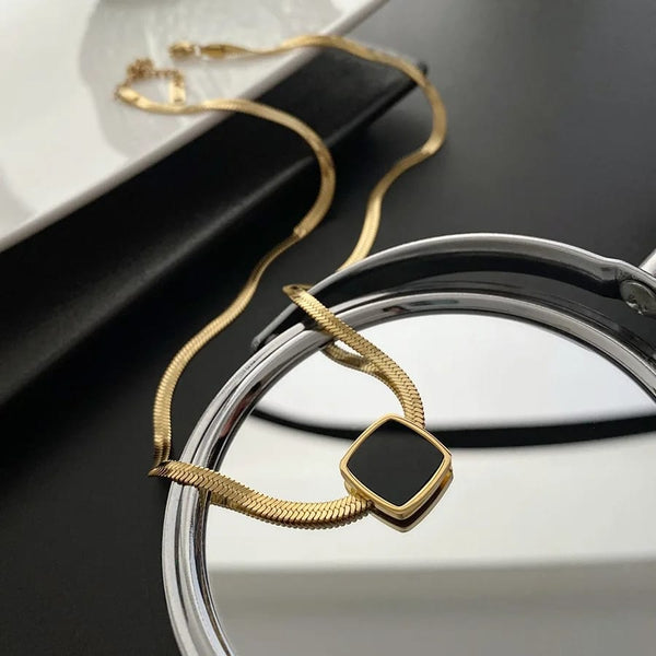 Elegant Gold-Plated Black Square Pendant Necklace