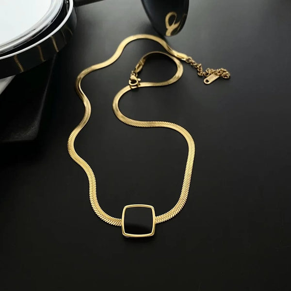 Elegant Gold-Plated Black Square Pendant Necklace